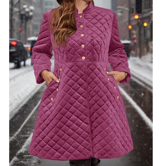 Plus Quilted Button Down Pockets Jacket Coat - Picture 6 of 11